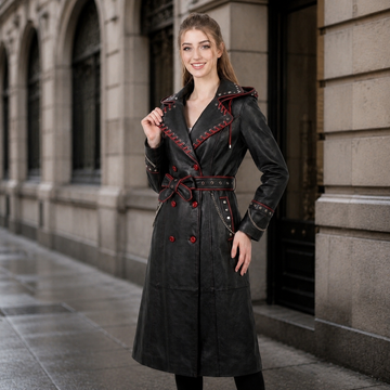 Black Leather Trench Coat With Hood | Corporate Goth Leather Hooded Coat | Princess Coat | Matrix Trench Coat Women | Winter Coat | Womens Clothing | Fall Style Gift