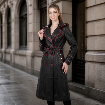 Black Leather Trench Coat With Hood | Corporate Goth Leather Hooded Coat | Princess Coat | Matrix Trench Coat Women | Winter Coat | Womens Clothing | Fall Style Gift