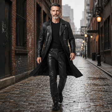 Mens Leather Trench Coat | Long Black Leather Trench Coat Men | Matrix Trench Coat Men | Gothic Trench | Cyberpunk Pants | Leather Boots