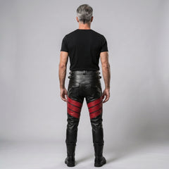 Men's Black Leather Pants | Genuine Leather with Red Studded Panels