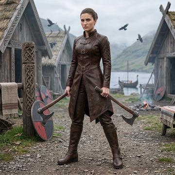 Viking Costume for Women | Brown Leather Coat, Pants & Combat Boots
