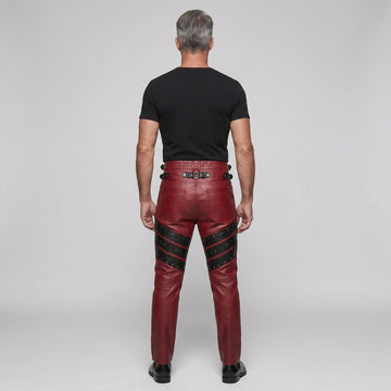 Men's Red Genuine Leather Pants with Black Studded Panels