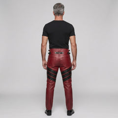 Men's Red Genuine Leather Pants with Black Studded Panels