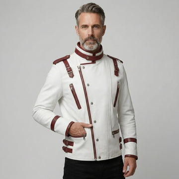 Genuine Leather Men's White Red Cyberpunk Racing Jacket