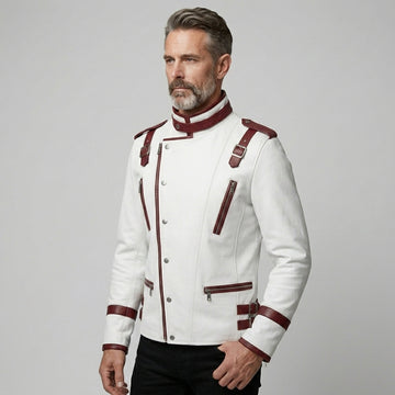 Genuine Leather Men's White Red Cyberpunk Racing Jacket
