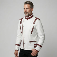 Genuine Leather Men's White Red Cyberpunk Racing Jacket