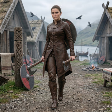 Viking Costume for Women | Brown Leather Coat, Pants & Combat Boots