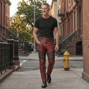 Men's Red Genuine Leather Pants with Black Studded Panels