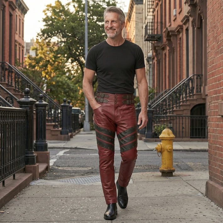 Men's Red Genuine Leather Pants with Black Studded Panels