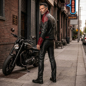 Cyberpunk Leather Jacket & Pants Set | Men's Black Red Biker Outfit