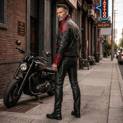 Cyberpunk Leather Jacket & Pants Set | Men's Black Red Biker Outfit