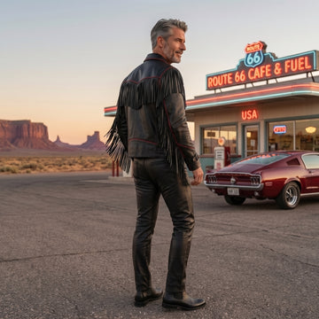 Men's Black Leather Fringe Jacket, Western Biker Style