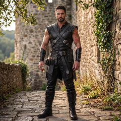 Dark Fantasy Medieval Costume, Leather Pants & Combat Boots, Men’s Ren Faire Outfit