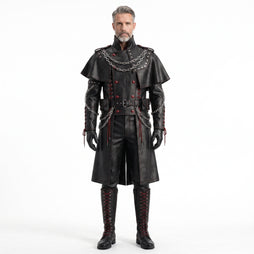 Men’s Black Gothic Leather Long Coat Outfit | leather trench coat | Red Lace Up with Chains leather coat