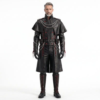 Men's black gothic leather long coat with red lace-up detailing, chains and leather armor styling. - Rizwards Leather