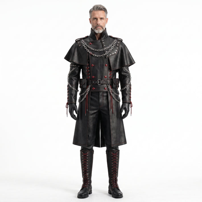 Men's black gothic leather long coat with red lace-up detailing, chains and leather armor styling. - Rizwards Leather