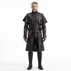 Men's black gothic leather long coat with red lace-up detailing, chains and leather armor styling. - Rizwards Leather