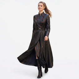 Black Leather Long Coat Women | Gothic Military Victorian Coat | Red Button Chain Belted Maxi Coat