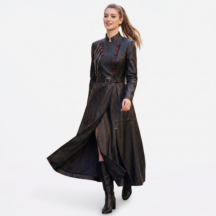 Front view of Black leather long coat women gothic military Victorian red button chain belted maxi coat outdoor look - Rizwards Leather