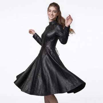 High Neck Black Leather Corset Dress | Gothic Dress with Studs | Victorian Goth Fit and Flare goth clothes for women