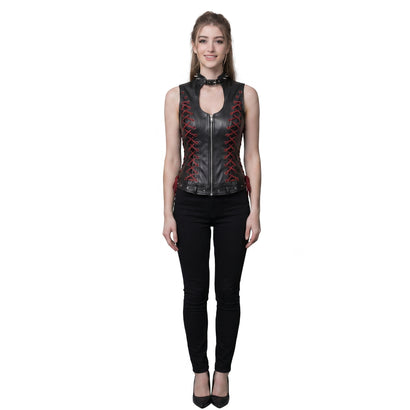 Black Leather Vest for Women | Red Lace Up Corset Vest | Studded Motorcycle Vest | Gothic Cyberpunk Steampunk Vest