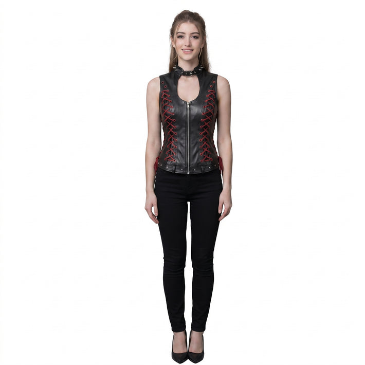 Black Leather Vest for Women | Red Lace Up Corset Vest | Studded Motorcycle Vest | Gothic Cyberpunk Steampunk Vest