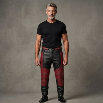 Men's Black & Red Genuine Leather Cyberpunk Pants | Biker Trousers