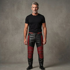 Men's Black & Red Genuine Leather Cyberpunk Pants | Biker Trousers