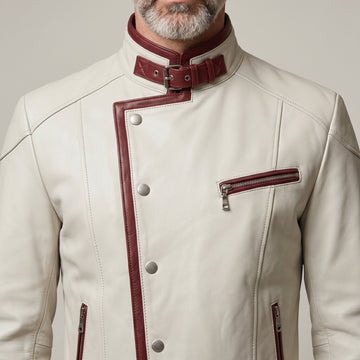 White Red Leather Jacket, Men's Genuine Leather Cyberpunk Racing Jacket
