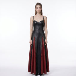 Black & Red Leather Maxi Dress – Studded Gothic Evening Gown for Women