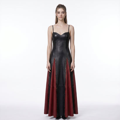 Black & Red Leather Maxi Dress – Studded Gothic Evening Gown for Women