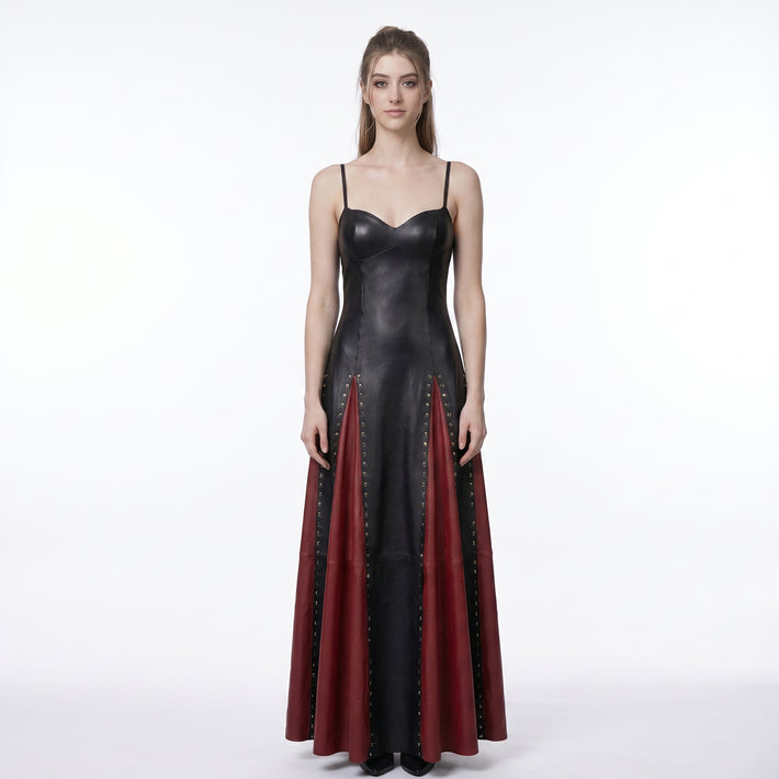 Black & Red Leather Maxi Dress – Studded Gothic Evening Gown for Women