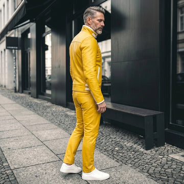 Men’s Leather Jacket | Genuine Biker Motorcycle | Yellow Asymmetrical Zip | Custom Fit
