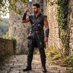 Dark Fantasy Medieval Costume, Leather Pants & Combat Boots, Men’s Ren Faire Outfit