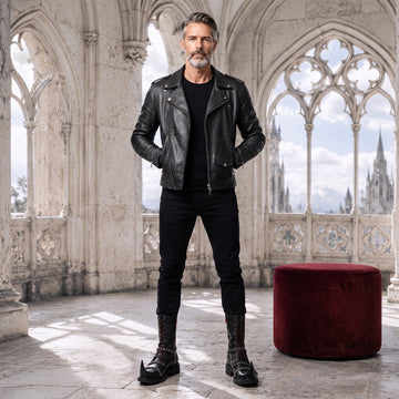 Men's black leather jacket with gothic leather boots and black pants punk biker outfit. - Rizwards Leather