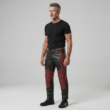 Men's Black & Red Genuine Leather Cyberpunk Pants | Biker Trousers