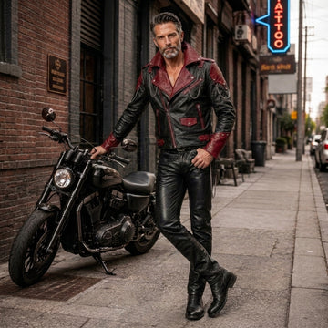 Cyberpunk Leather Jacket & Pants Set | Men's Black Red Biker Outfit