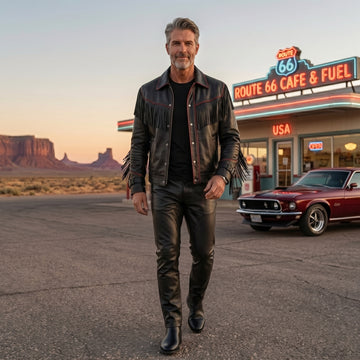 Men's Black Leather Fringe Jacket, Western Biker Style