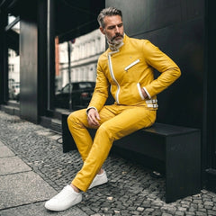 Men’s Leather Jacket | Genuine Biker Motorcycle | Yellow Asymmetrical Zip | Custom Fit