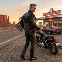 Men's Black Leather Fringe Jacket, Western Biker Style
