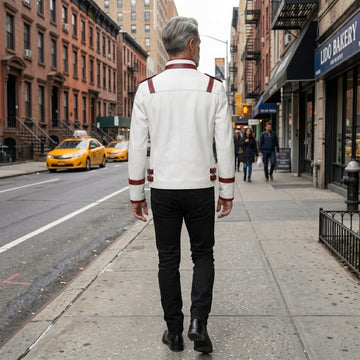 Genuine Leather Men's White Red Cyberpunk Racing Jacket