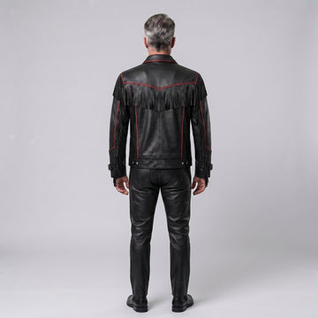 Men's Black Leather Fringe Jacket, Western Biker Style