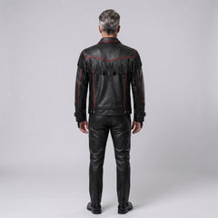 Men's Black Leather Fringe Jacket, Western Biker Style