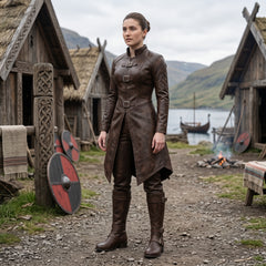 Viking Costume for Women | Brown Leather Coat, Pants & Combat Boots