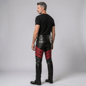 Men's Black Leather Pants | Genuine Leather with Red Studded Panels