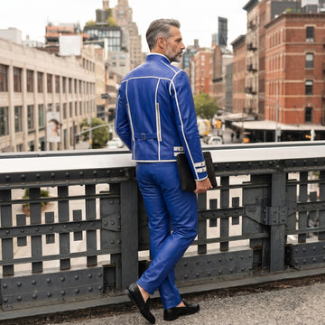 Leather Jacket | Men’s Genuine Blue Military Racer | White Piped Asymmetrical Zip | Handmade Custom Fit