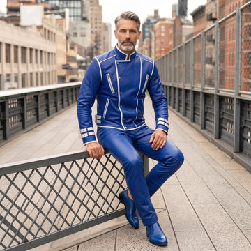 Leather Jacket | Men’s Genuine Blue Military Racer | White Piped Asymmetrical Zip | Handmade Custom Fit