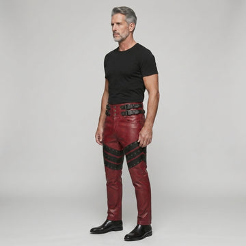 Men's Red Genuine Leather Pants with Black Studded Panels