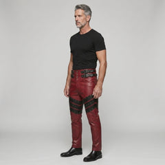 Men's Red Genuine Leather Pants with Black Studded Panels