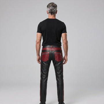 Men's Black Leather Pants | Genuine Leather with Red Panels